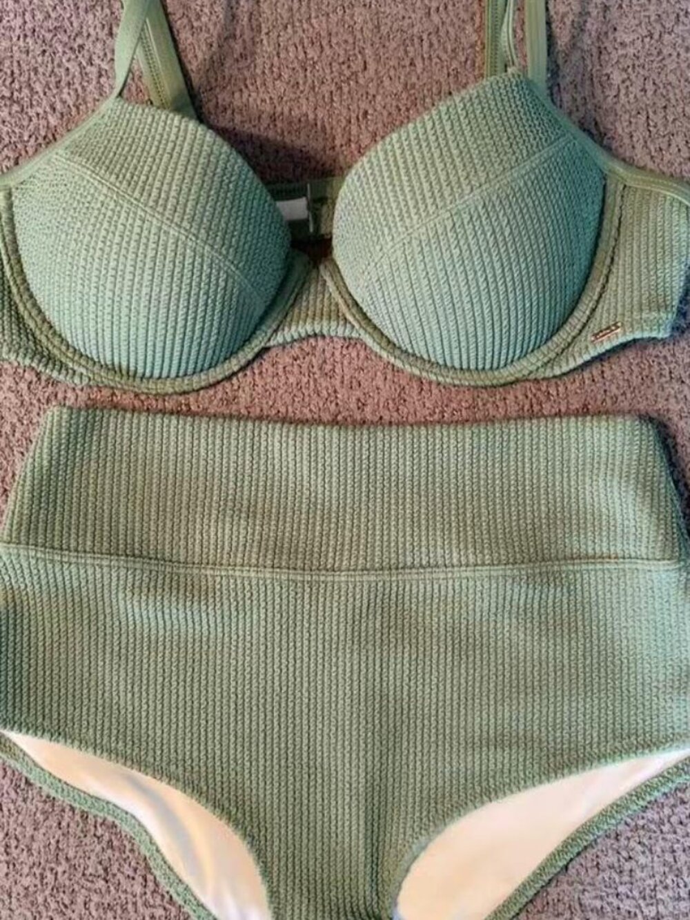 Victoria's Secret PINK Ribbed Underwire Bikini Set High Waist Sage Green L - Picture 2 of 6